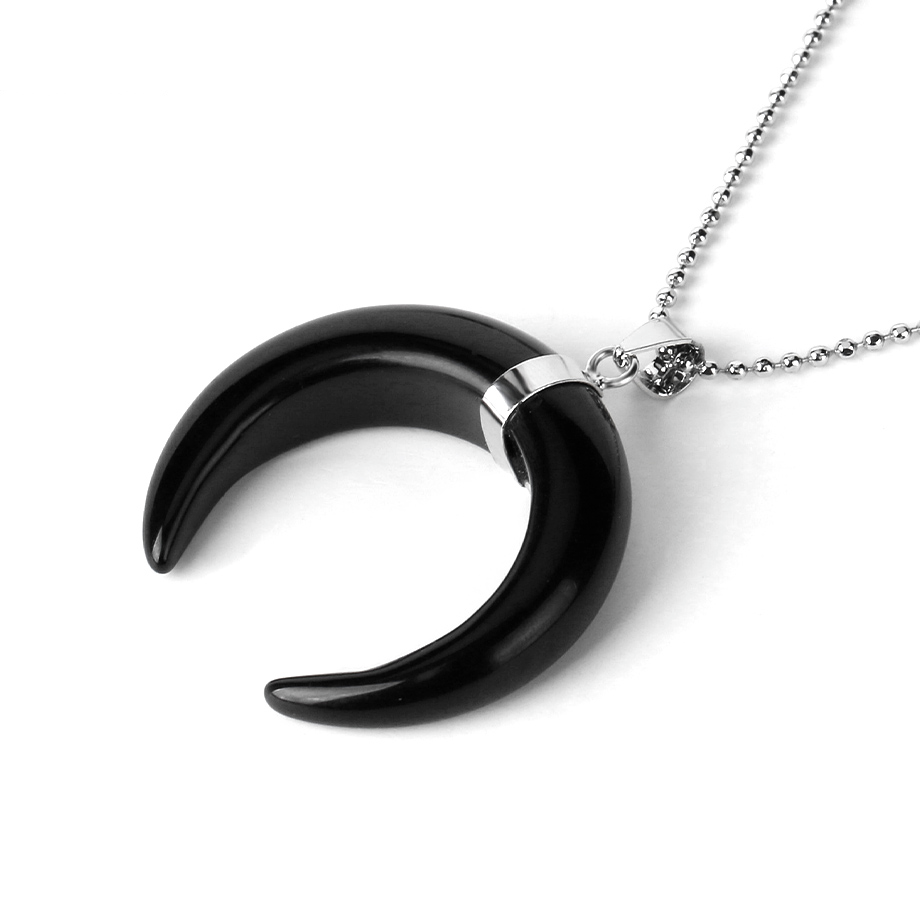 Chaîne et son Pendentif Reiki en Agate noire "Persévérance & Protection" - Croissant de lune