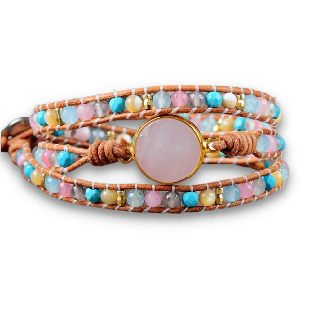 Bracelet Bohémien en Quartz rose et Turquoise "Amour & Confiance en soi"