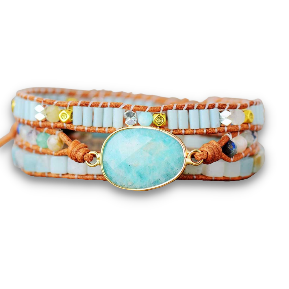 Bracelet Bohémien en Amazonite "Paix & Courage" - Cabochon