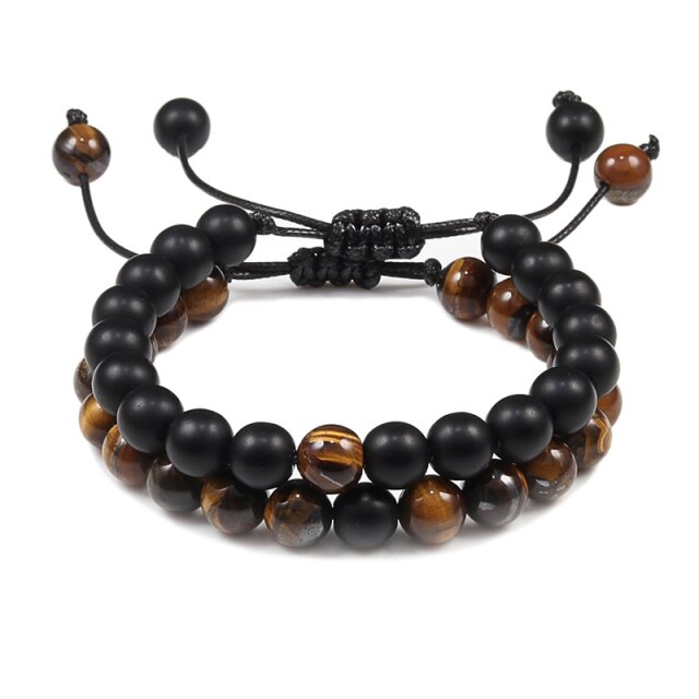 Double Bracelets en Onyx et Oeil de tigre "Stabilité & Maîtrise de soi" - Ajustable