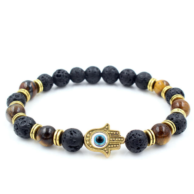 Bracelet en Pierre de lave et Oeil de tigre "Ancrage & Stabilité" - Main de Fatma