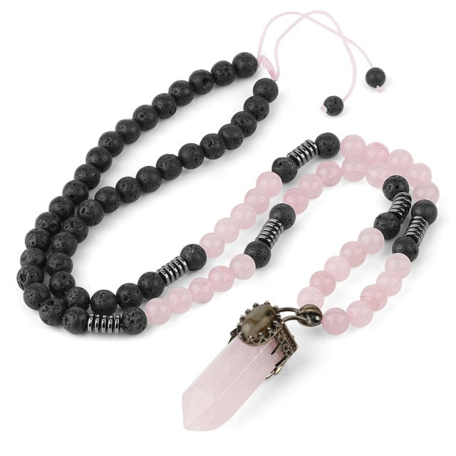 Cordon et son Pendentif en Quartz rose et Pierre de lave "Amour & Confiance en soi"