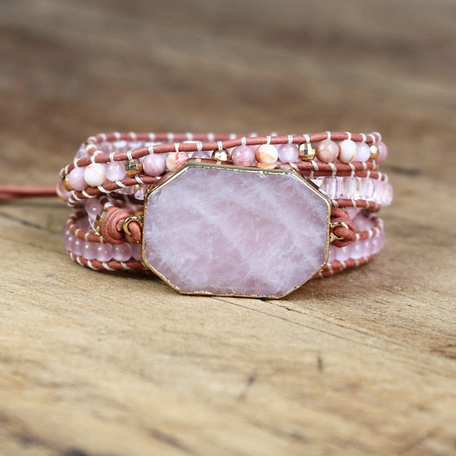 Bracelet Bohémien en Quartz rose "Amour & Confiance en soi" - Cabochon