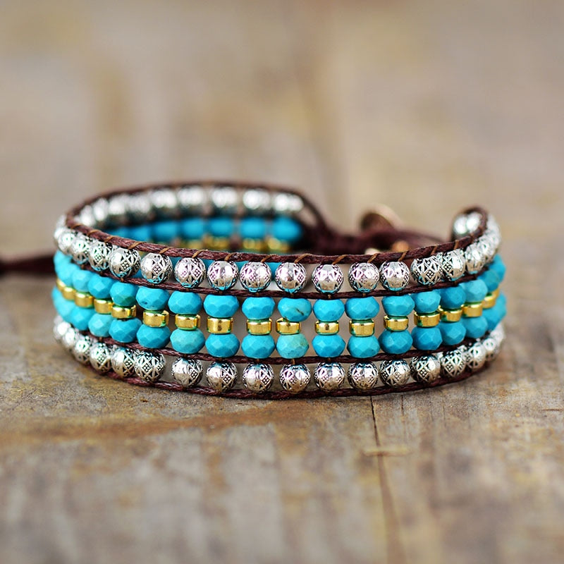 Bracelet Bohémien Tibétain en Turquoise bleue "Sérénité & Bien être"