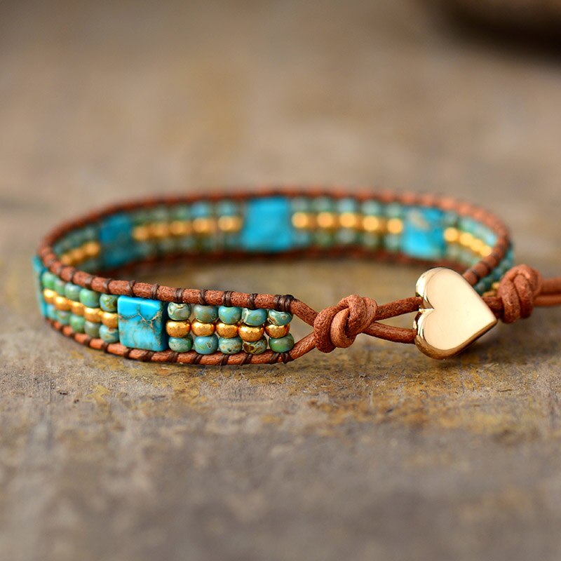 Bracelet Bohémien en Turquoise bleue et Jaspe "Sérénité & Bien être"