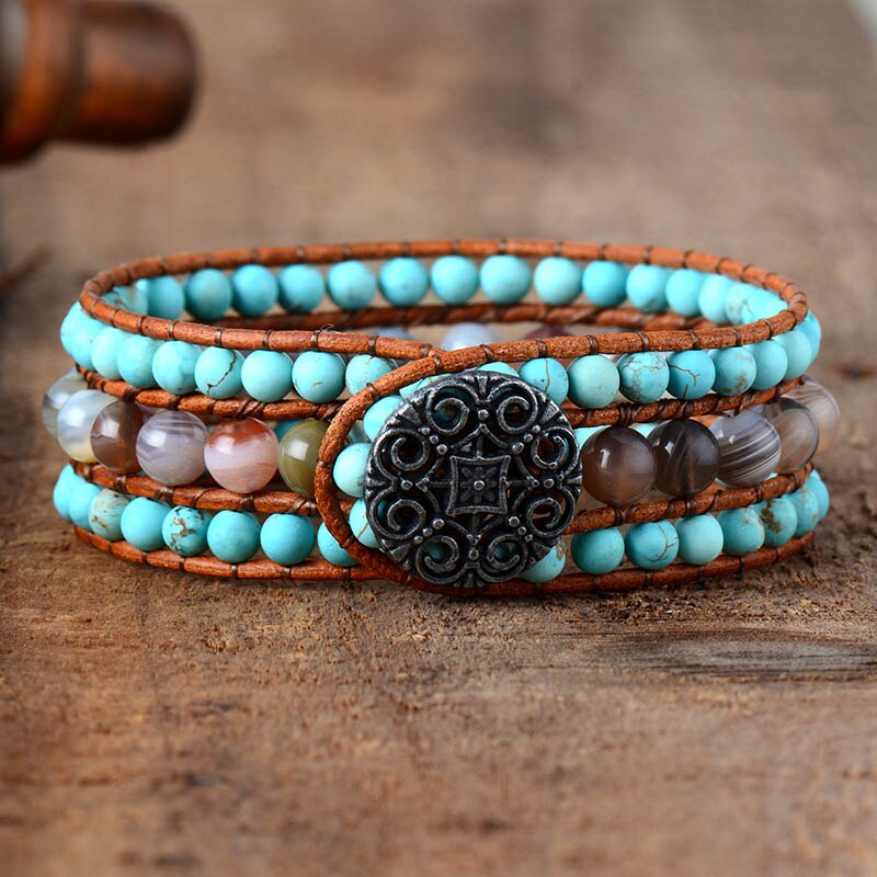 Bracelet Bohémien en Turquoise bleue et Jaspe "Sérénité & Bien être"