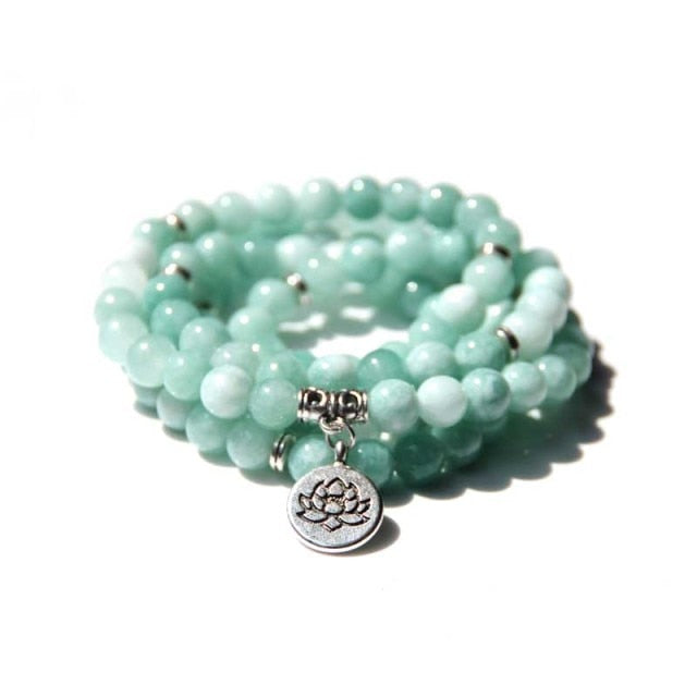 Bracelet Mala Yoga en Amazonite - Le Courageux - Fleur de lotus