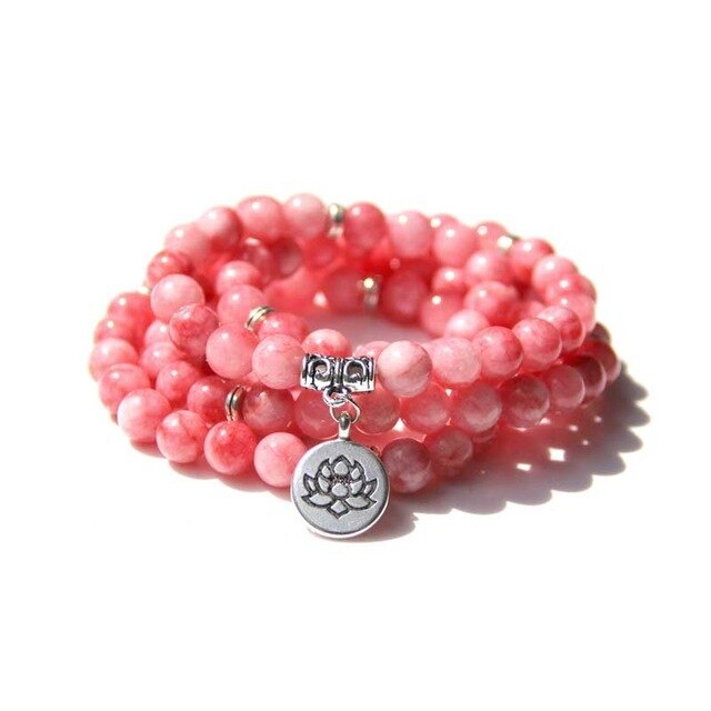 Bracelet Mala Yoga en Rhodochrosite - Le Compatissant - Fleur de lotus