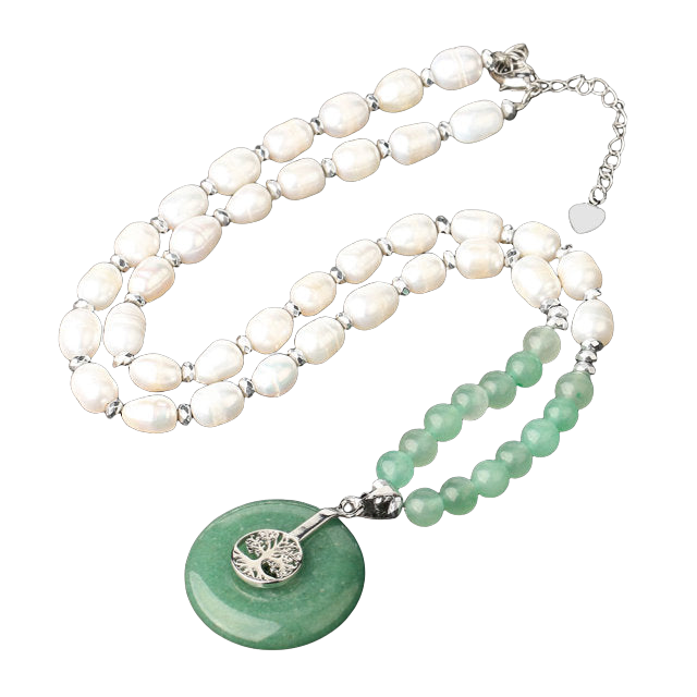 Chaîne et son Pendentif en Aventurine verte et Perle "Développement & Épanouissement" - Arbre de vie