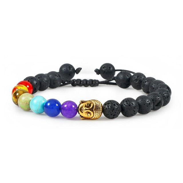 Bracelet Sept Chakras en Pierre de lave "Ancrage & Stabilité" - Bouddha