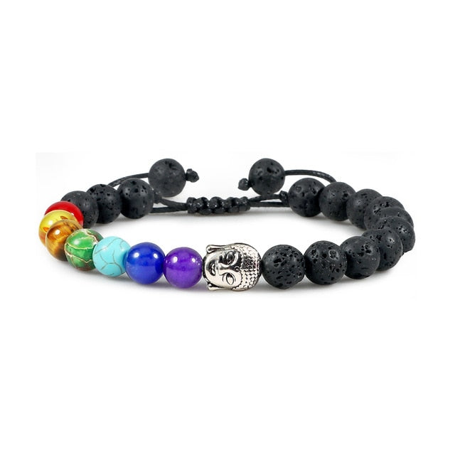 Bracelet Sept Chakras en Pierre de lave "Ancrage & Stabilité" - Bouddha