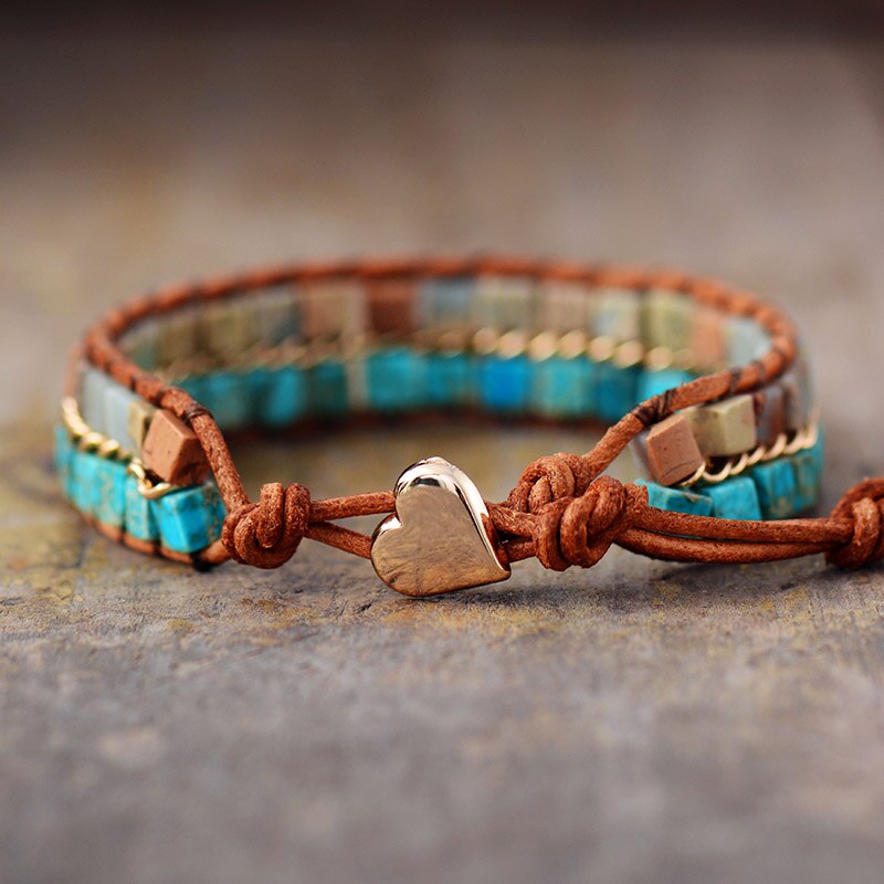 Bracelet Bohémien en Turquoise bleue et Jaspe "Sérénité & Bien être"