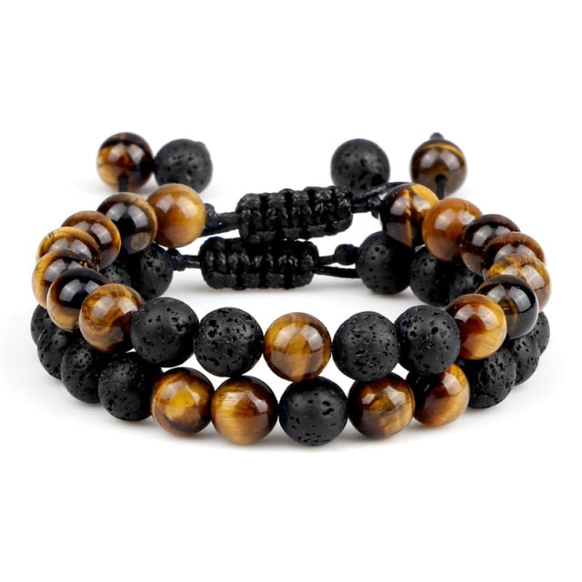 Double Bracelets en Oeil de tigre et Pierre de lave "Courage & Audace" - Ajustable