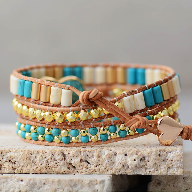 Bracelet Bohémien en Turquoise bleue et Jaspe "Sérénité & Bien être" - Coeur