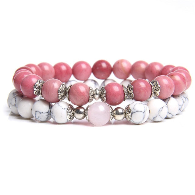 Double Bracelets en Rhodochrosite et Turquoise blanche "Compassion & Amour"