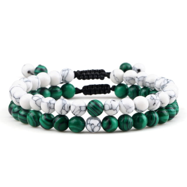 Double Bracelets Yoga en Malachite et Turquoise blanche "Protection & Clairvoyance"