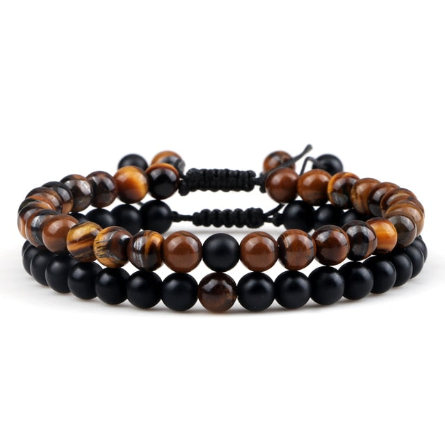 Double Bracelets Yoga en Oeil de tigre et Onyx "Courage & Audace" - Ajustable