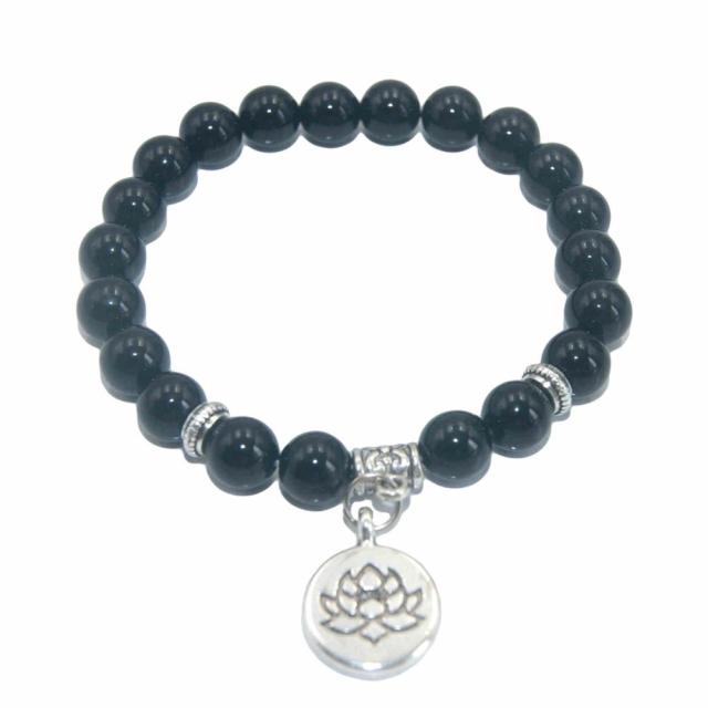 Bracelet Yoga en Agate noire "Persévérance & Protection" - Fleur de lotus